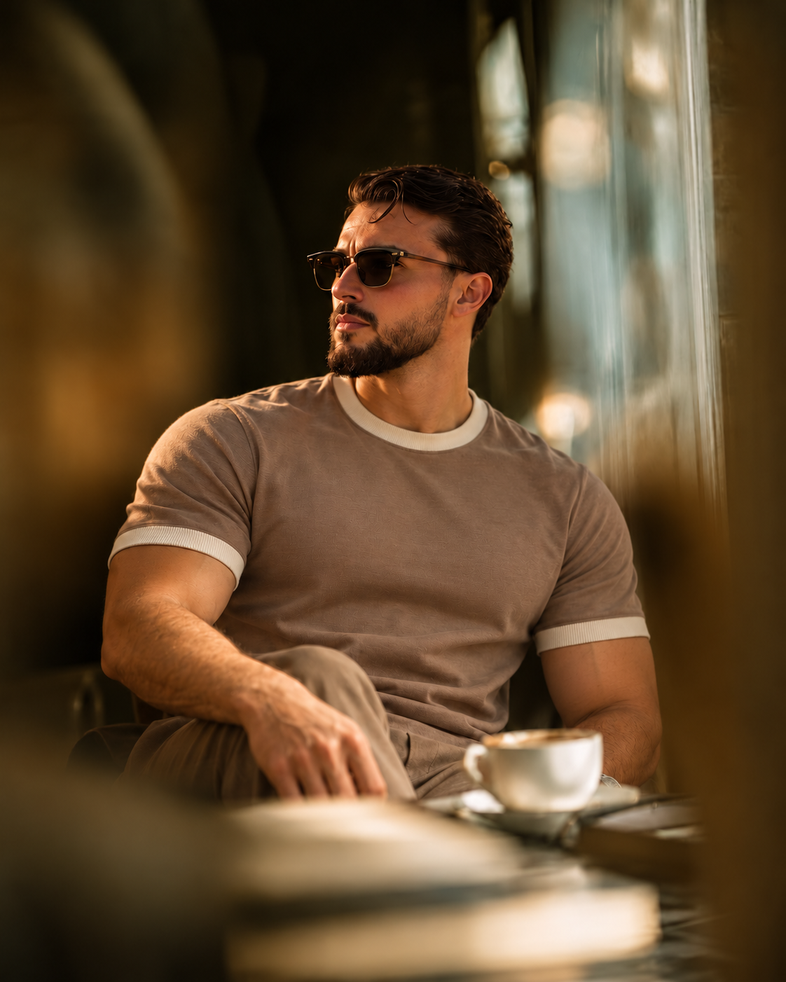 Man in taupe outfit in warm avondlicht